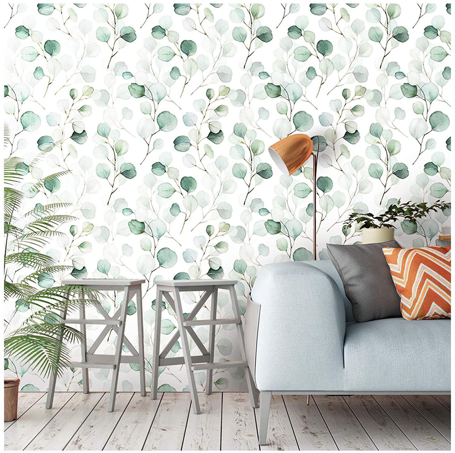 
HaokHome 93044 Peel and Stick Wallpaper Green/White Eucalyptus Leaf Wall Mural Home Nursery Decor 17.7in x 9.8ft