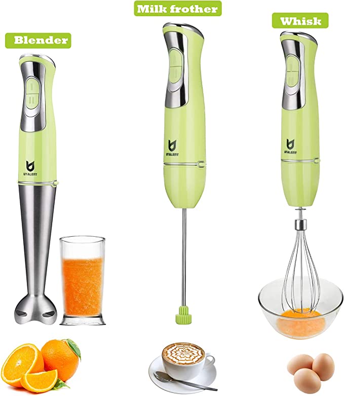 Immersion Hand Blender, UTALENT 3-in-1 8-Speed Stick Blender with Milk Frother, Egg Whisk for Coffee Milk Foam, Puree Baby Food, Smoothies, Sauces and Soups - Green