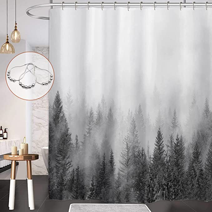 ORTIGIA Grey Forest Shower Curtain Misty Mountain Tree Shower Curtain