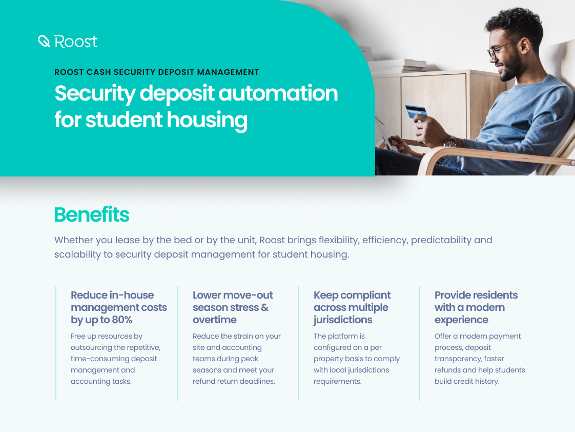 Roost's Security Deposit Automation for Student Housing outlines details of how it works, features and frequently asked questions.  student housing security deposit